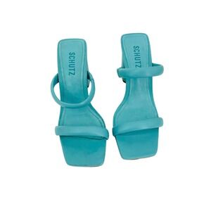 Schutz Ully Turquoise Blue Leather Padded Strap Square Toe Block Heel Sandals